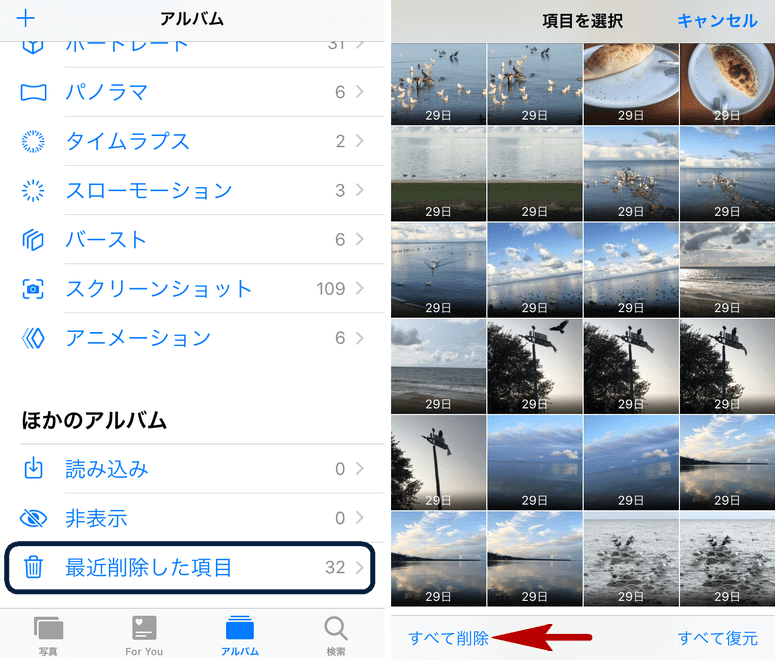 iPhoneの「最近削除した項目」から写真を削除