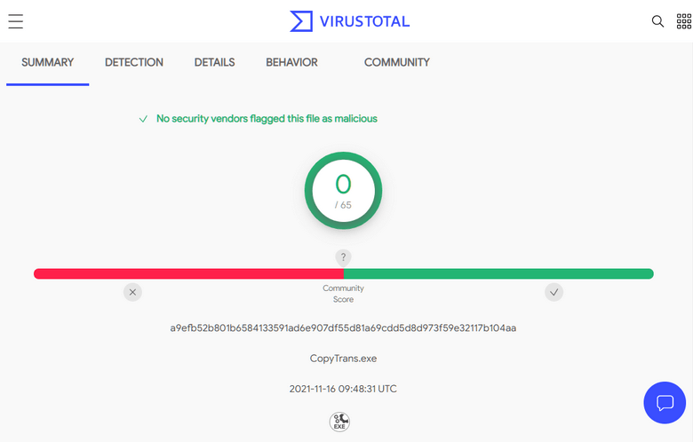 CopyTrans プログラムの安全性を確認というスクリーンショットです