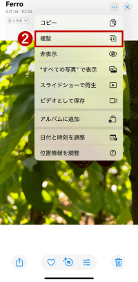 iPhoneの写真アプリで複製を選択