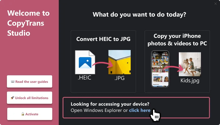 Transfer HEIC and JPEG with CopyTrans Studio