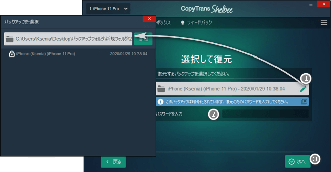 CopyTrans ShelbeeでiPhoneのバックアップを選択