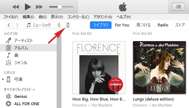 iTunesでiPhoneの概要を表示するため、デバイスのアイコンをクリック