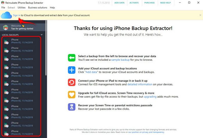 iPhone Backup ExtractorでiPhoneのバックアップを選択