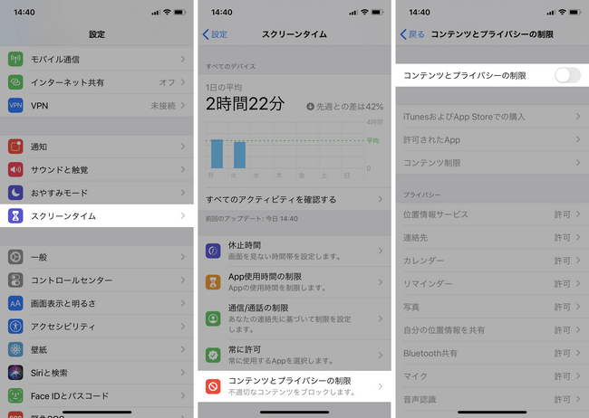 コンテンツとプライバシーの制限を無効