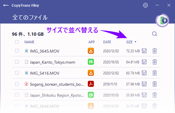 CopyTrans Fileyでファイルをサイズで並べ替える