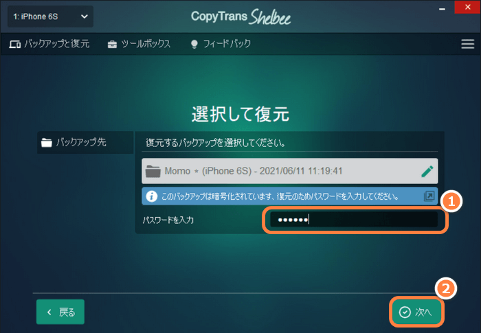 CopyTrans Shelbeeで復元したいバックアップのパスワードを入力する