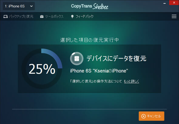 CopyTrans ShelbeeでiPhoneを復元中